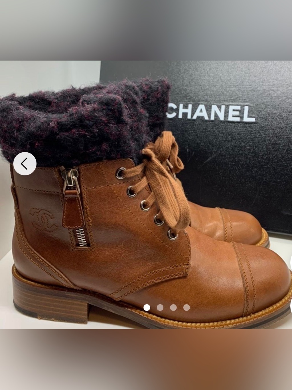 Chanel Brown Leather Lace-Up Ankle Boots With Knit Cuff